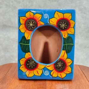 Hand Painted Sunflower Terracotta Blue Clay Pottery Picture Frame Decor Mexico‎